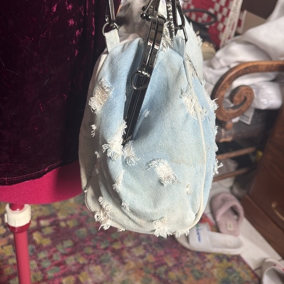 Distressed Denim shoulder bag Crossbody bag clutch rhinestone butterfly clasp - Picture 5 of 17